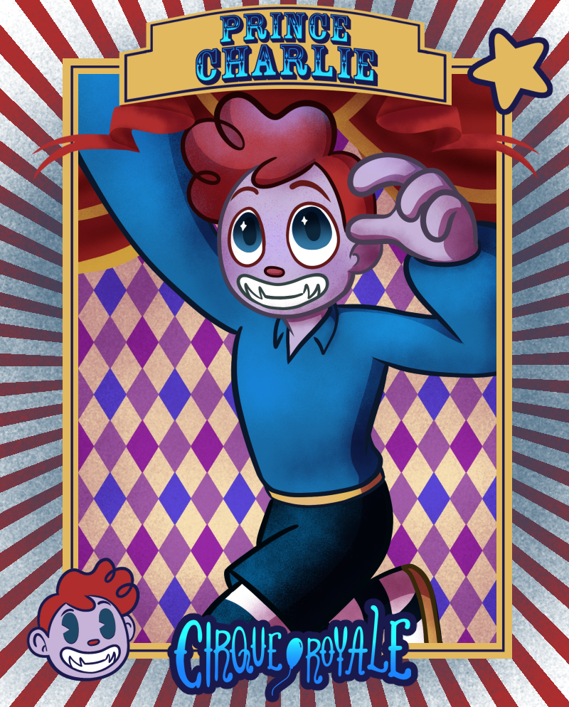 A circus themed card with Charlie, a cartoon clown/mime character in the center. He has purple skin and short red curly hair. He wears a blue collared shirt with long puffed sleeves, a yellow belt, and black shorts over black and white striped tights.
The card has a red and white striped border. At the top, text says "Prince Charlie" in a blue circus poster font. At the bottom it has the Cirque Royale logo in blue with a dark blue border.