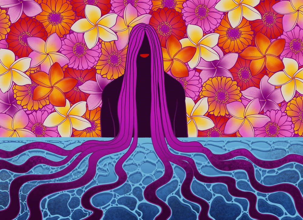A colorful illustration featuring a dark purple figure in the center at the horizon line of an ocean and sky. The figure has long purple hair that is waving through the water. The sky is full of bright red, orange, pink, and yellow zinnias and plumeria flowers.