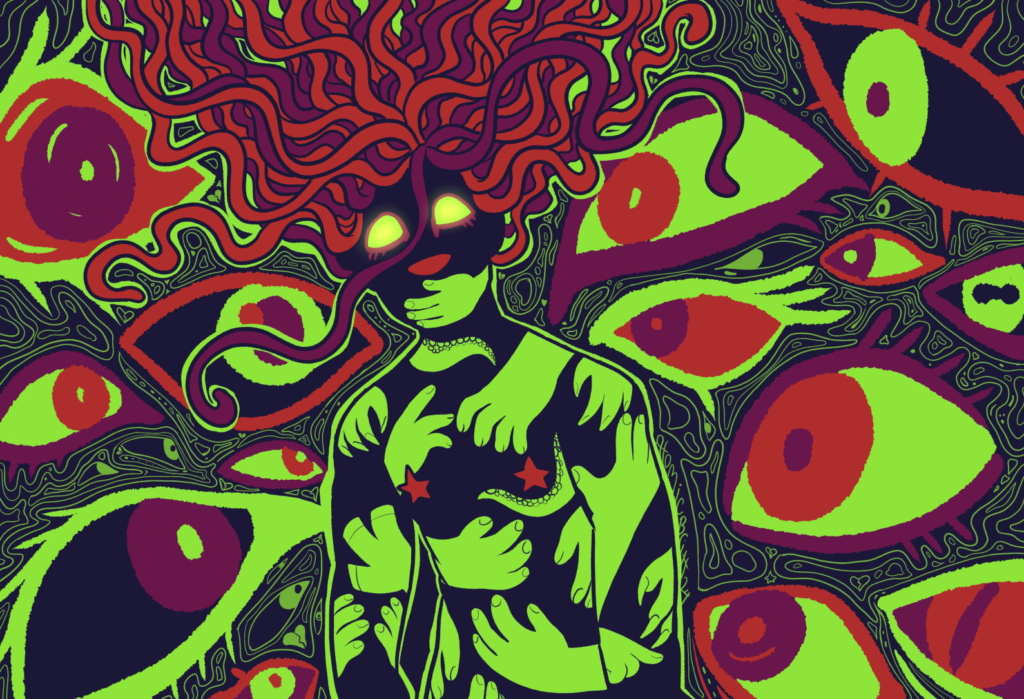 A stylized illustration features a figure with long, curly red and red/purple hair and glowing green eyes, standing against a vibrant background filled with large, colorful eyes. The figure's body is predominantly green, adorned with multiple hands reaching out and a few red stars on the chest. The background consists of swirling patterns and various eye shapes in shades of red, green, and black.