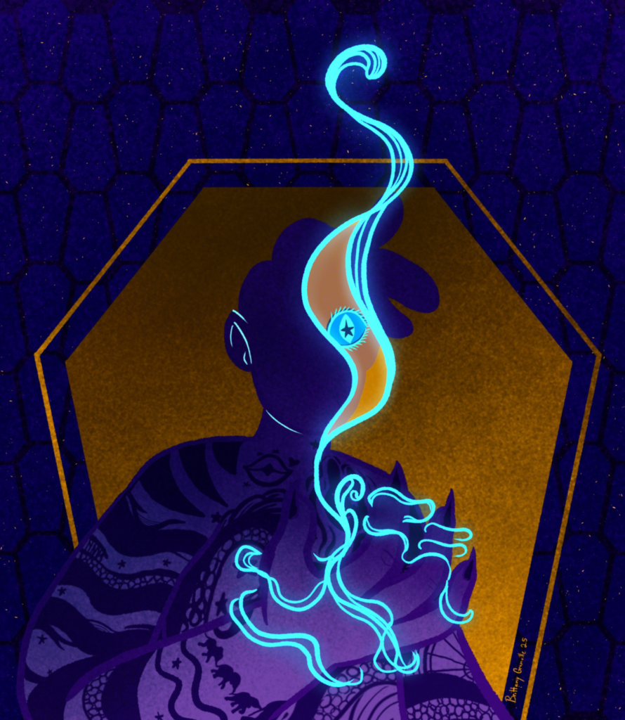 A stylized figure with tattoos holds glowing blue energy, which swirls upward and covers their face, set against a dark, starry background with purple and yellow hues.
